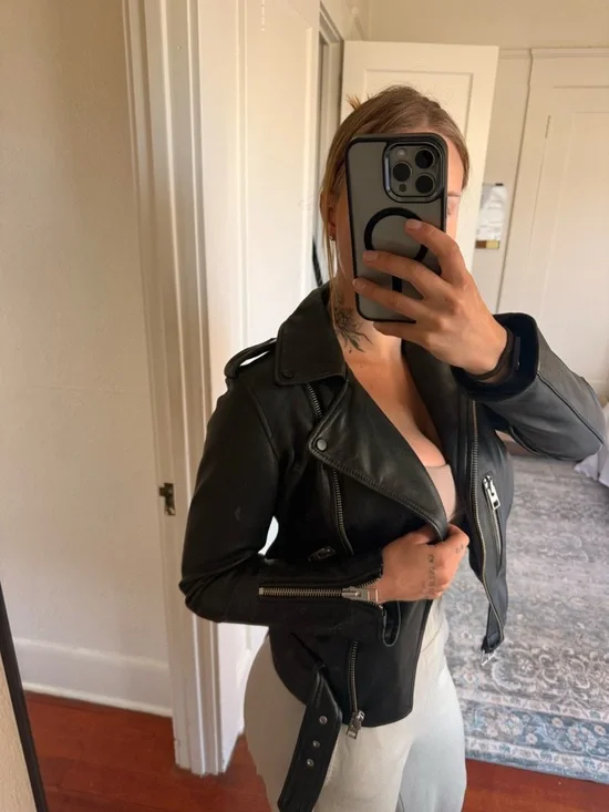 All Saints Black Leather Moto Jacket with Belt - Picture 7 of 8